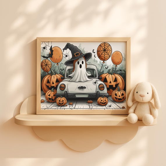 Cute Halloween Car With And Pumpkins Wall Art Witch Hat Decor Kids Fall Room Spooky