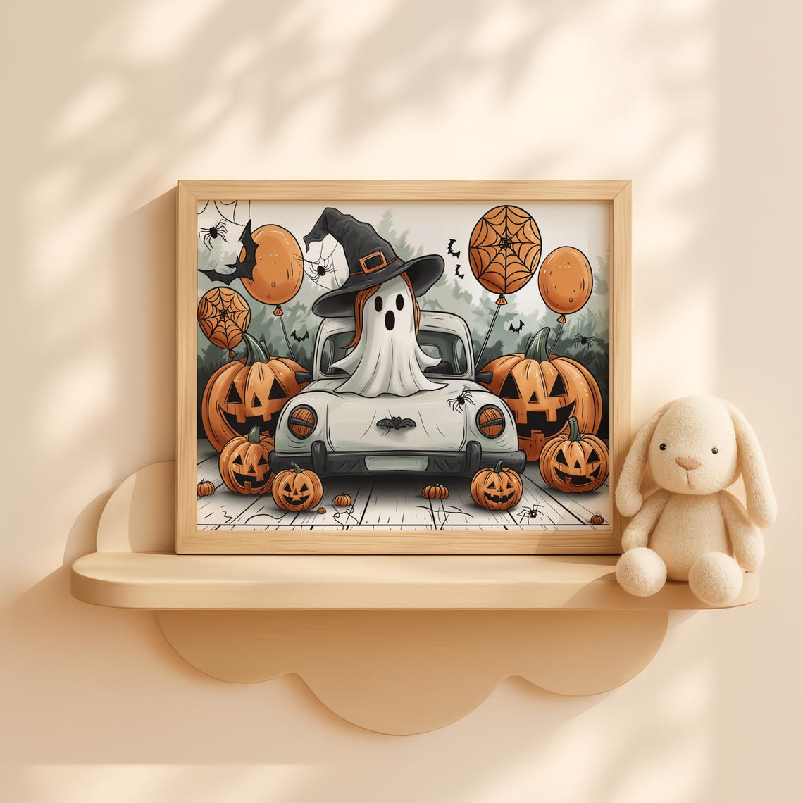 Cute Halloween Car With And Pumpkins Wall Art Witch Hat Decor Kids Fall Room Spooky