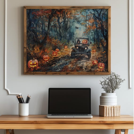 Baby In Pumpkin Costume Driving Tiny Halloween Truck Autumn Forest Art Spooky Fall Vintage Wall Decor