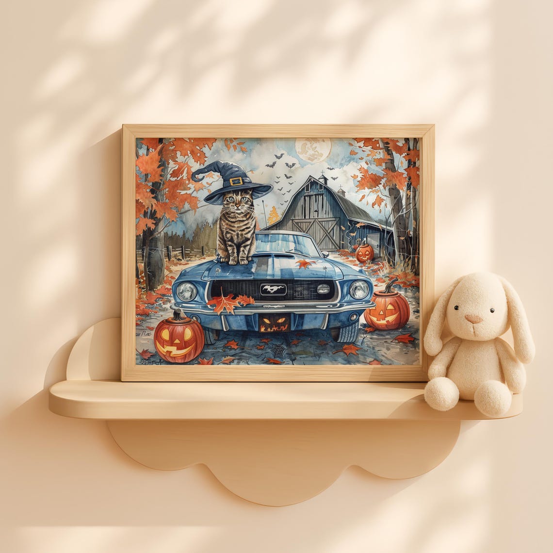 Haunted Barn Lane Tabby Cat Halloween Art Fall Car Painting Rustic Farm Wall Decor Spooky Autumn Scene