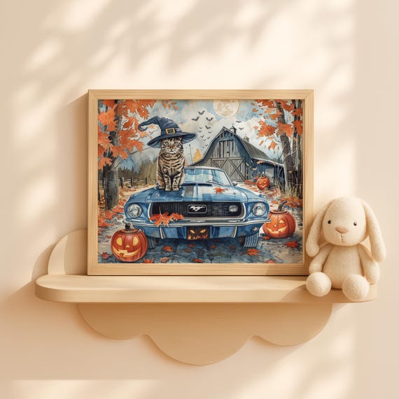 Haunted Barn Lane Tabby Cat Halloween Art Fall Car Painting Rustic Farm Wall Decor Spooky Autumn Scene