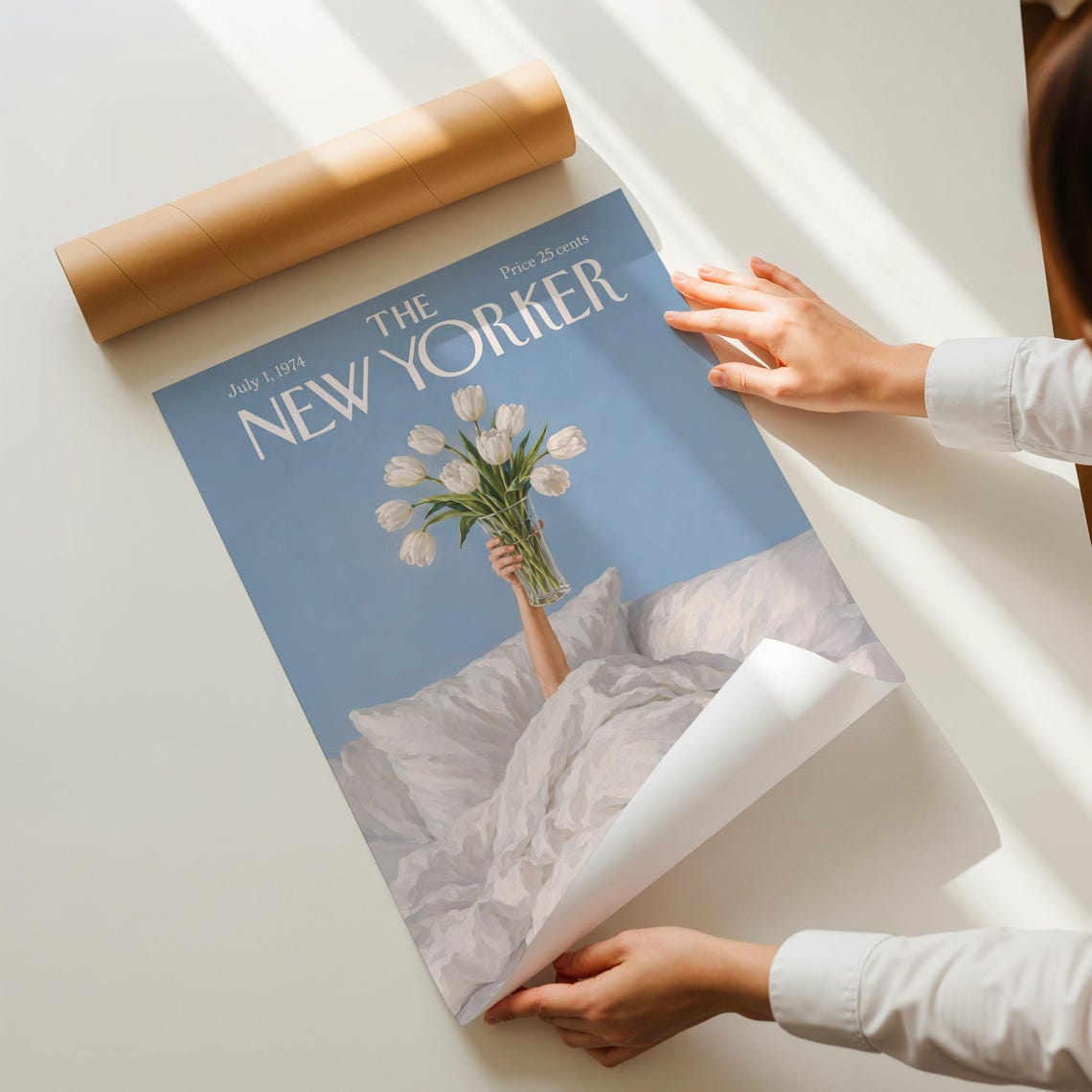 New York Wall Art White Tulips In Bed Print Blue Floral Magazine Cover Poster Cozy Bedroom Decor - Image 5