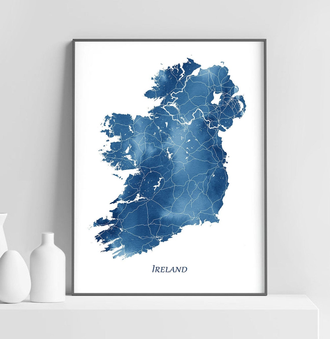 Ireland Blue Watercolor Map Country Outline Modern Home Decor Print