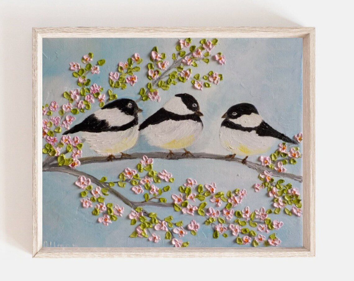 Custom Chickadee Birds on Cherry Blossom Branch Art Print