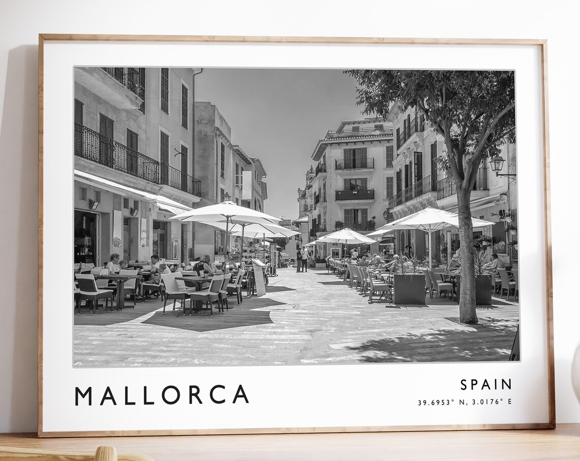Mallorca Spain Travel Poster Black White Cafe Plaza Street Photo Art