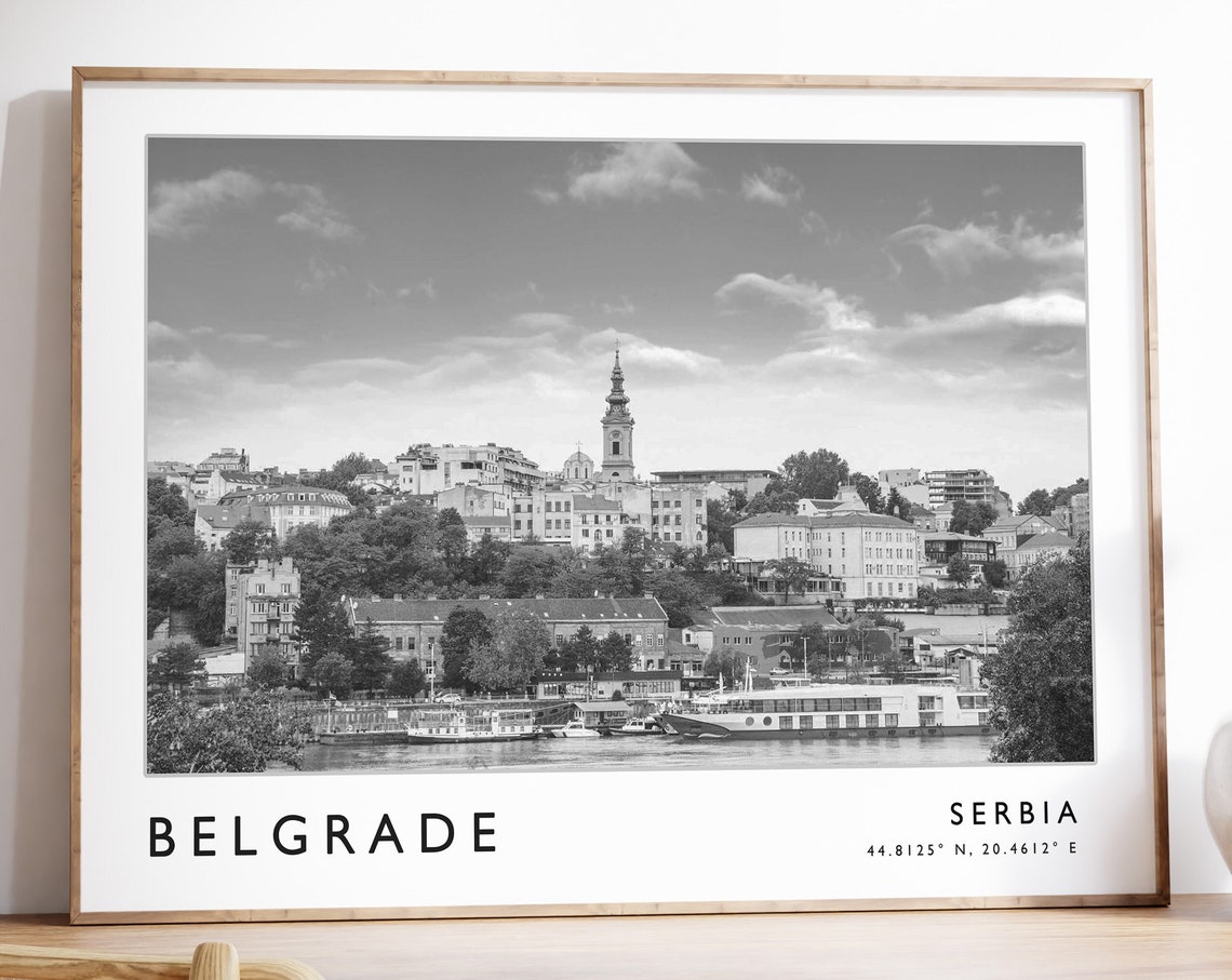 Belgrade Serbia Black and White City Skyline Coordinates Poster