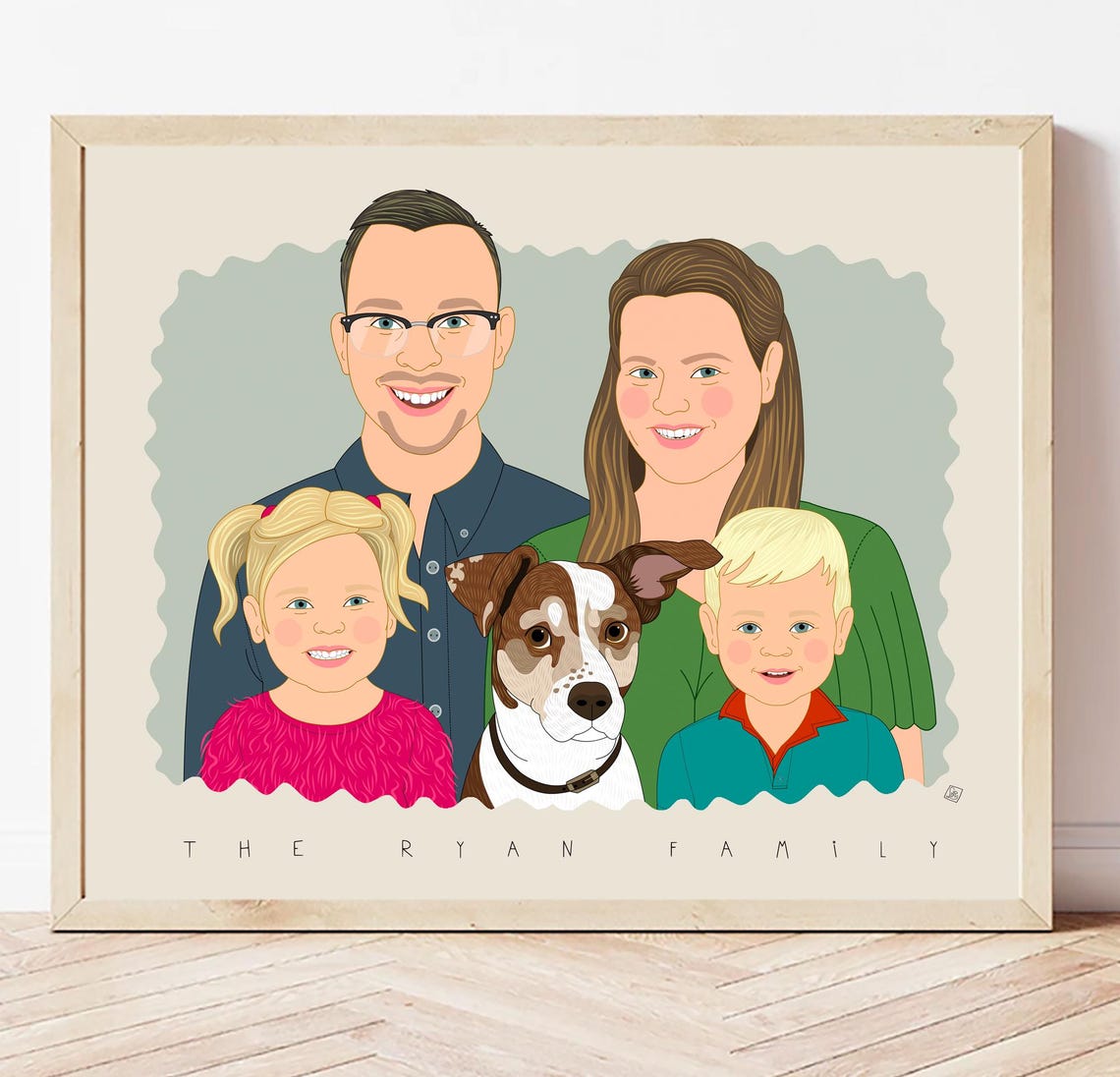 Family of Four With Dog Scalloped Edge Custom Portrait Poster - Image 3