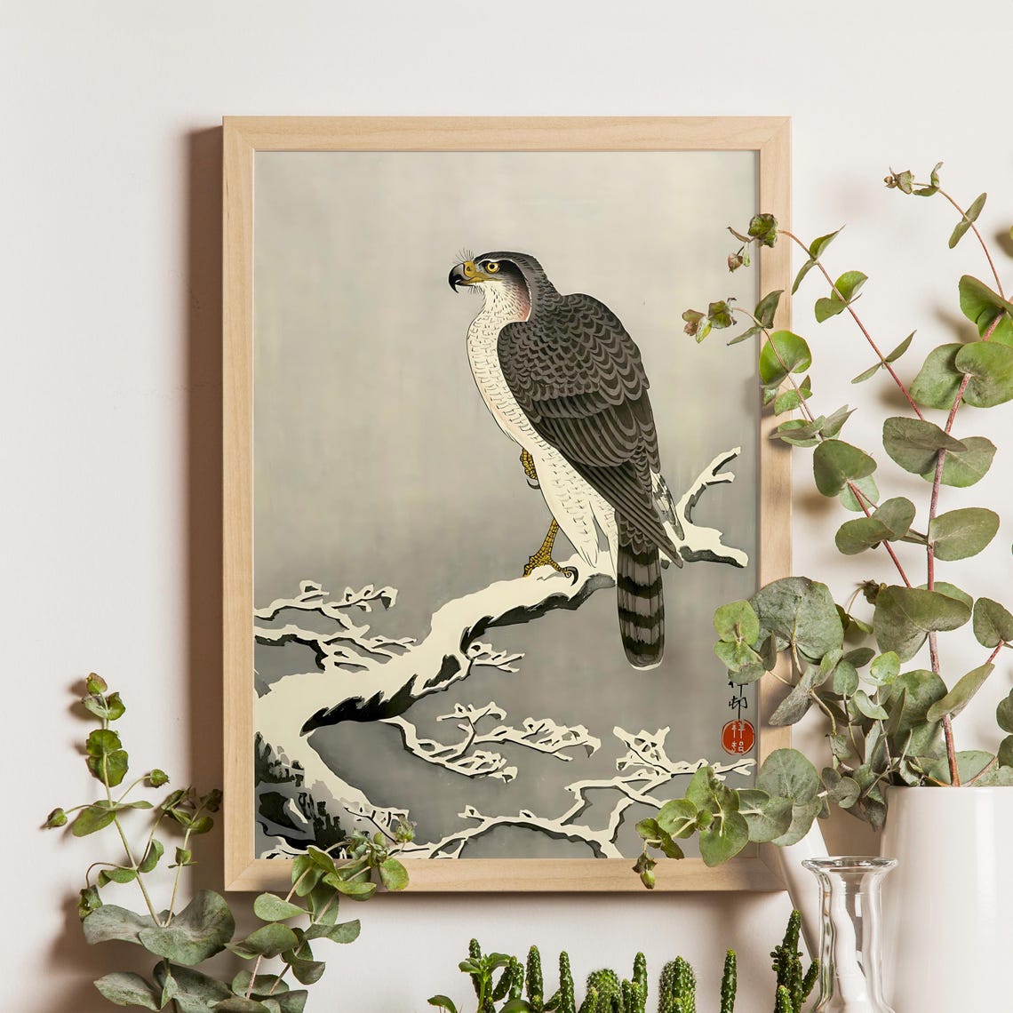 Hawk Perched on Snow Covered Branch Vintage Japanese Woodblock Poster