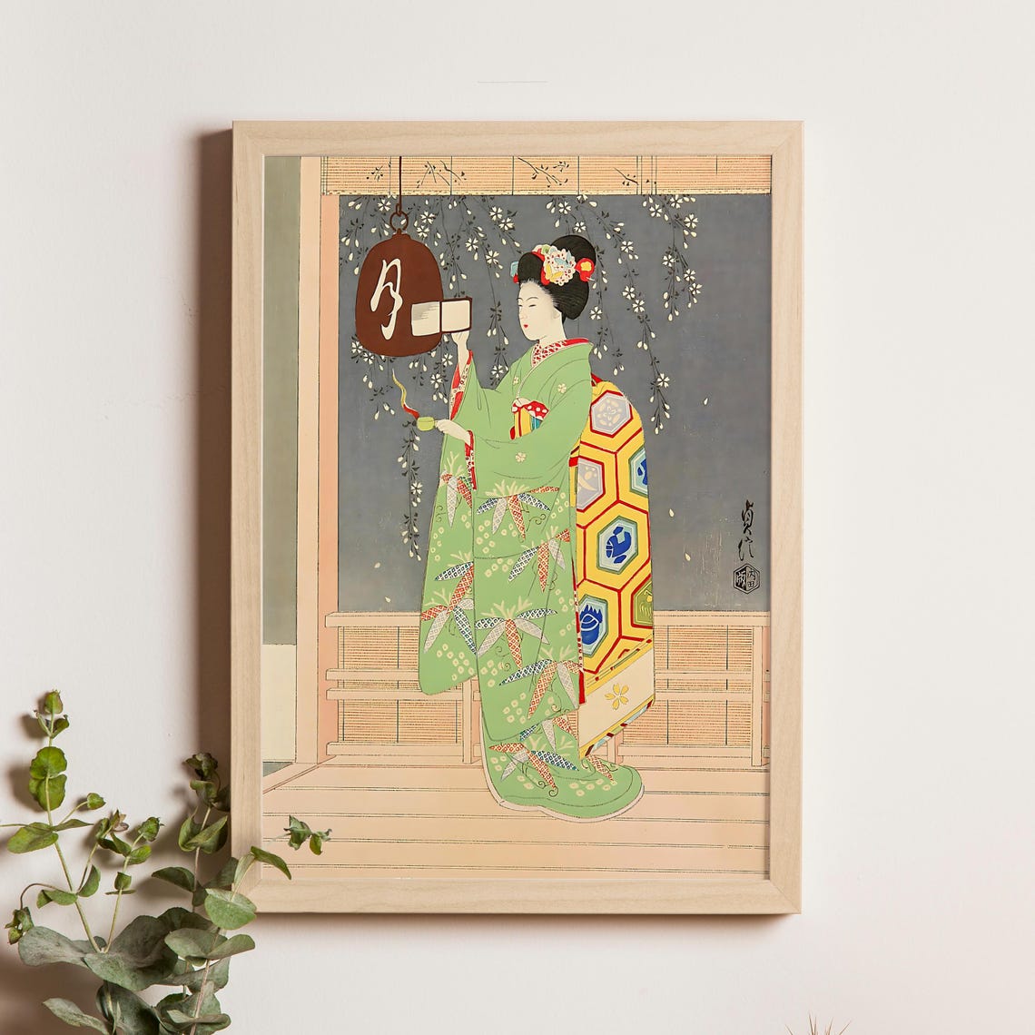 Maiko in Green Kimono Spring Eventide Japanese Woodblock Poster