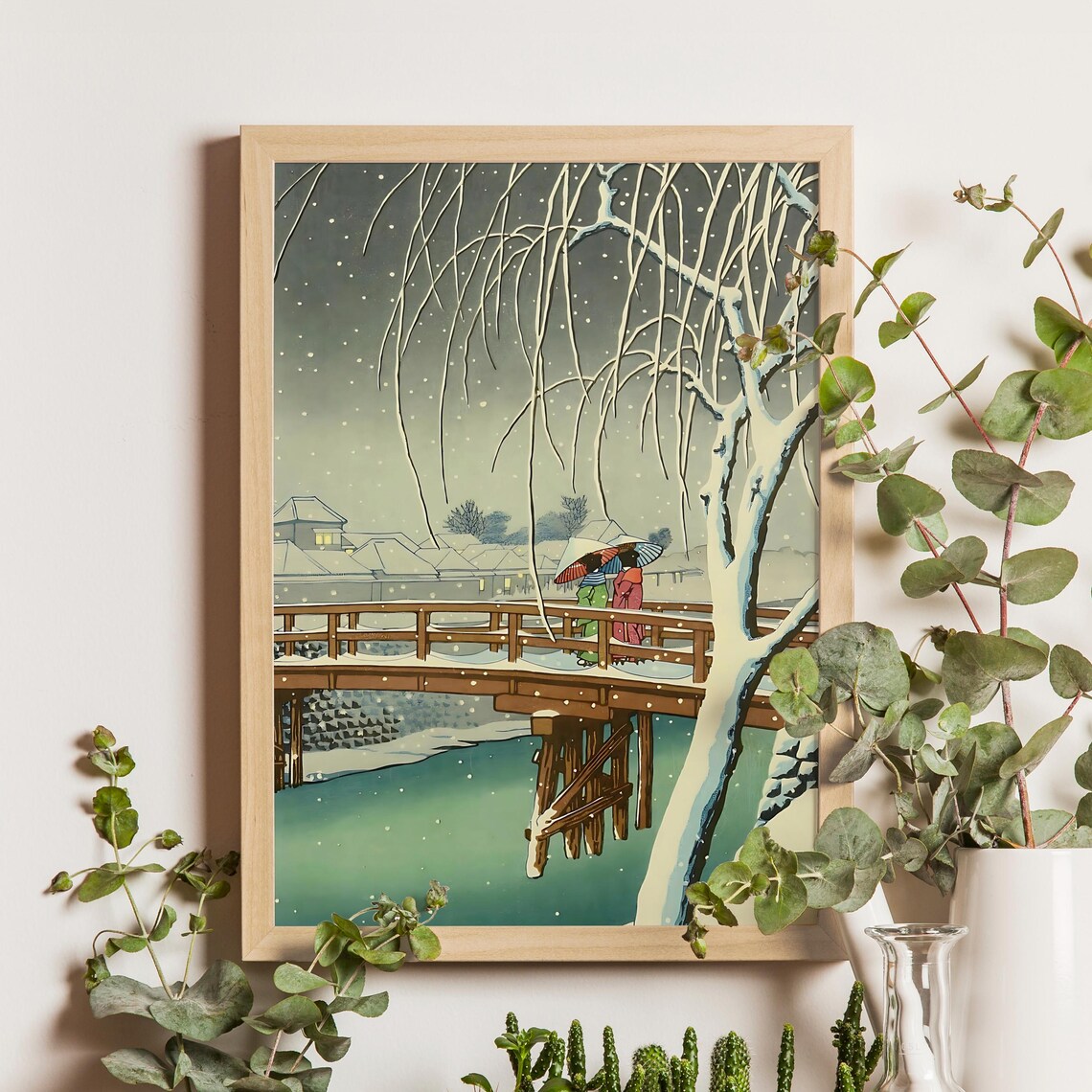 Kawase Hasui Evening Snow at Edogawa Bridge Umbrellas Woodblock Poster