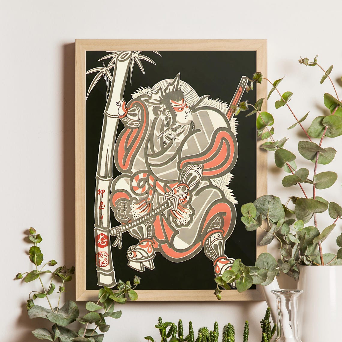 Oshimodoshi Kabuki Warrior White Red Costume Woodblock Poster