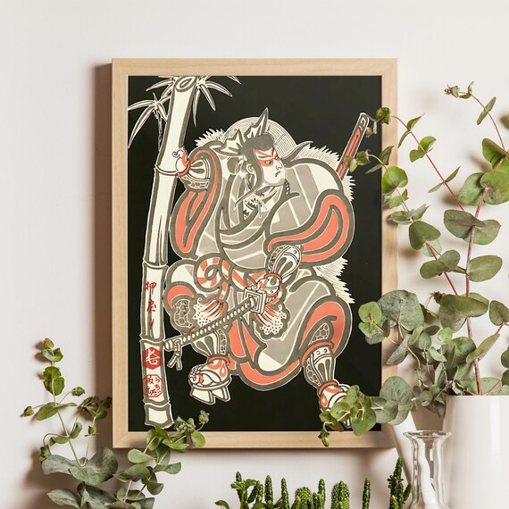 Oshimodoshi Kabuki Warrior White Red Costume Woodblock Poster