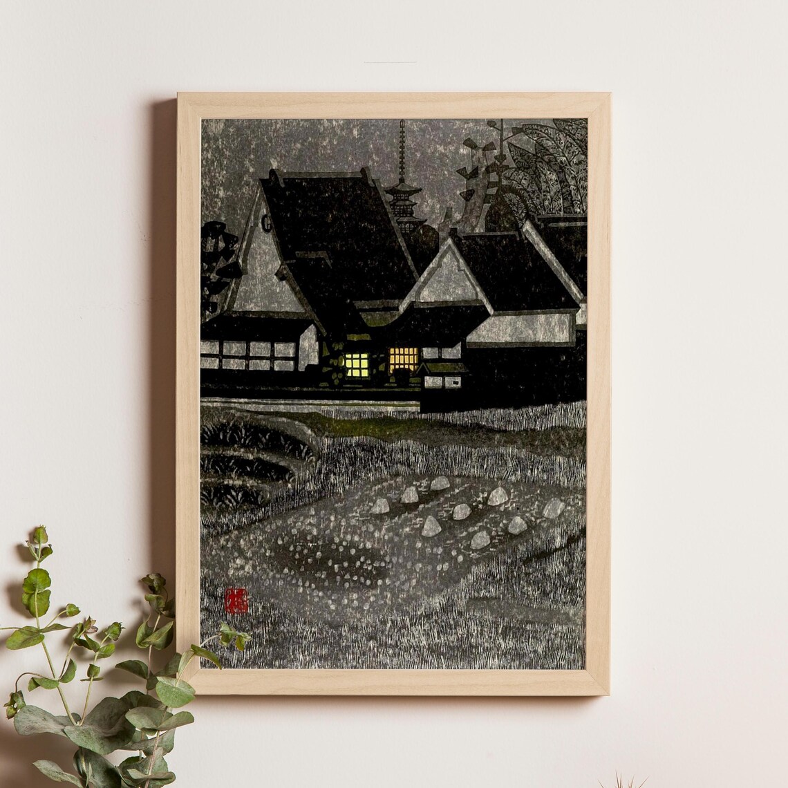 Hashimoto Okiie Quiet Evening Village At Night Black Woodblock Poster