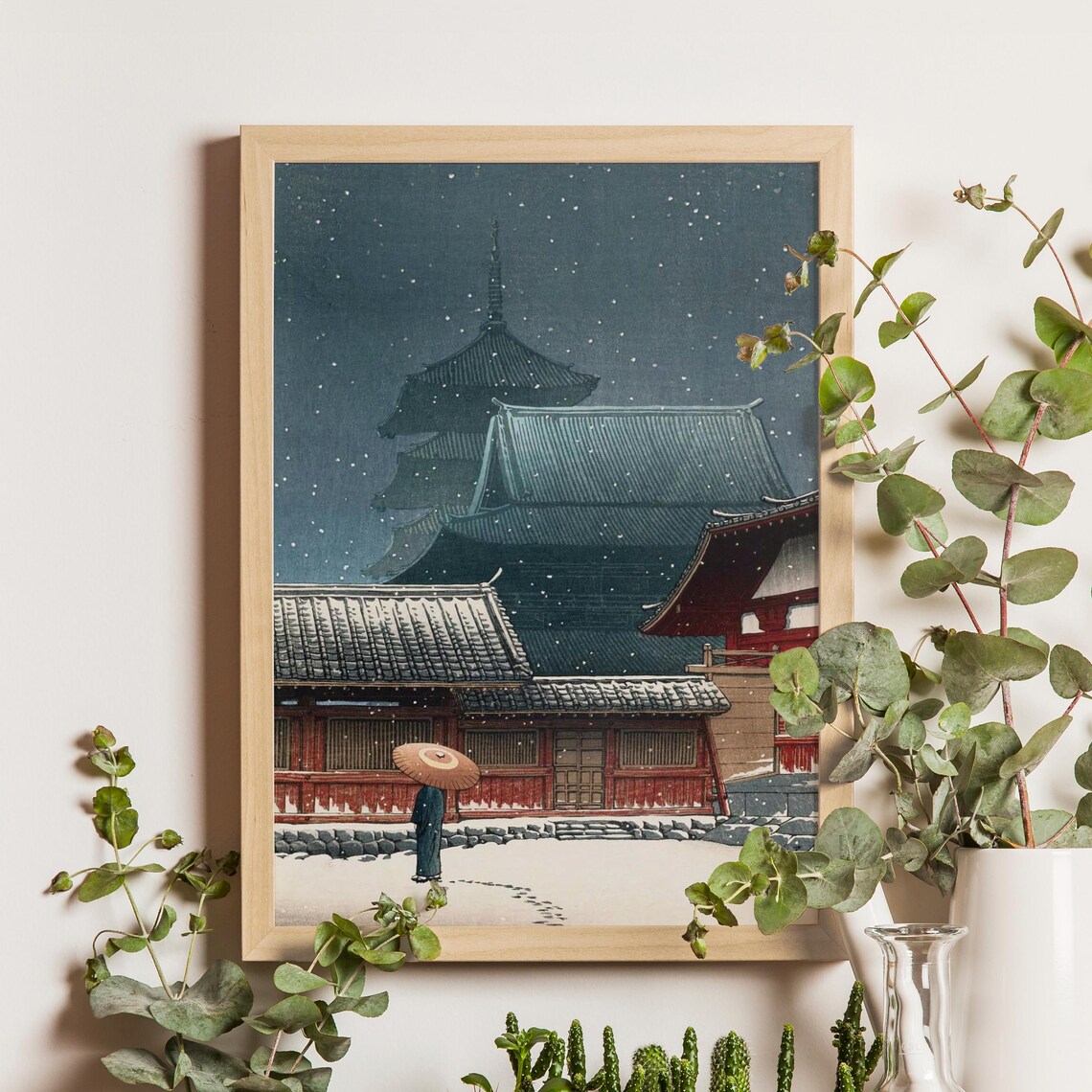 Kawase Hasui Snowy Osaka Temple Pagoda at Night With Umbrella Poster