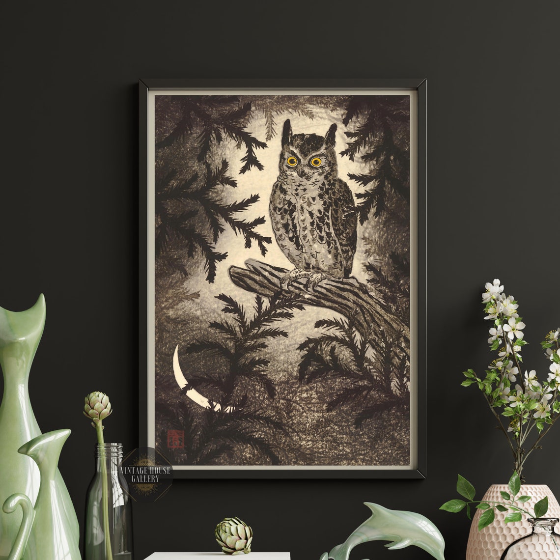 Japanese Horned Owl On Branch Under Crescent Moon Woodblock Poster