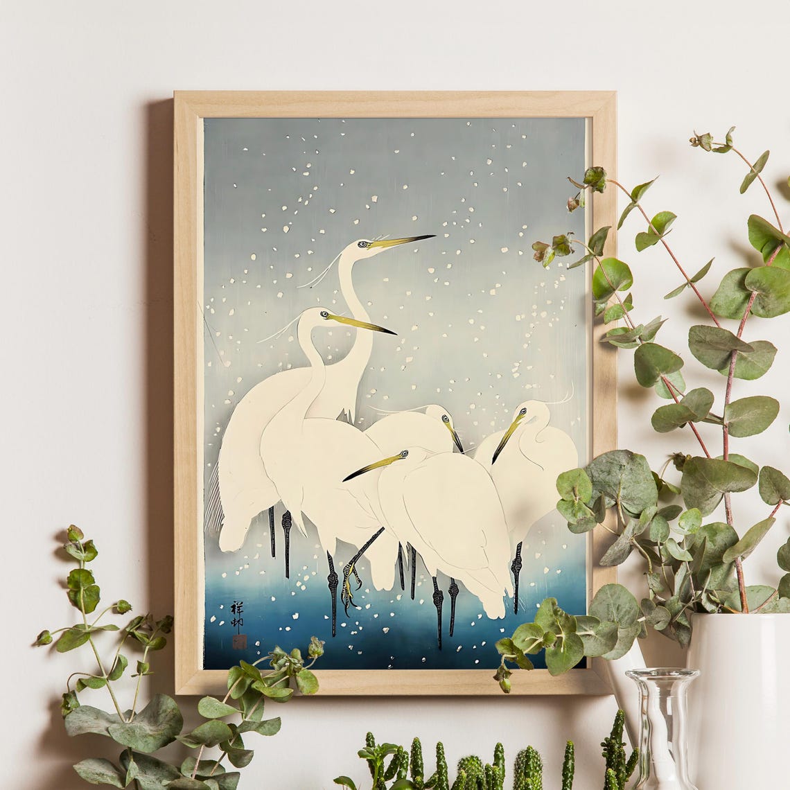 Ohara Koson White Egrets Huddled in Night Snow Japanese Poster