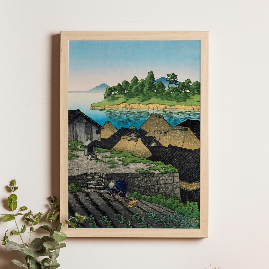 Thatched Fishing Village by Blue Bay with Woman Gardening Poster
