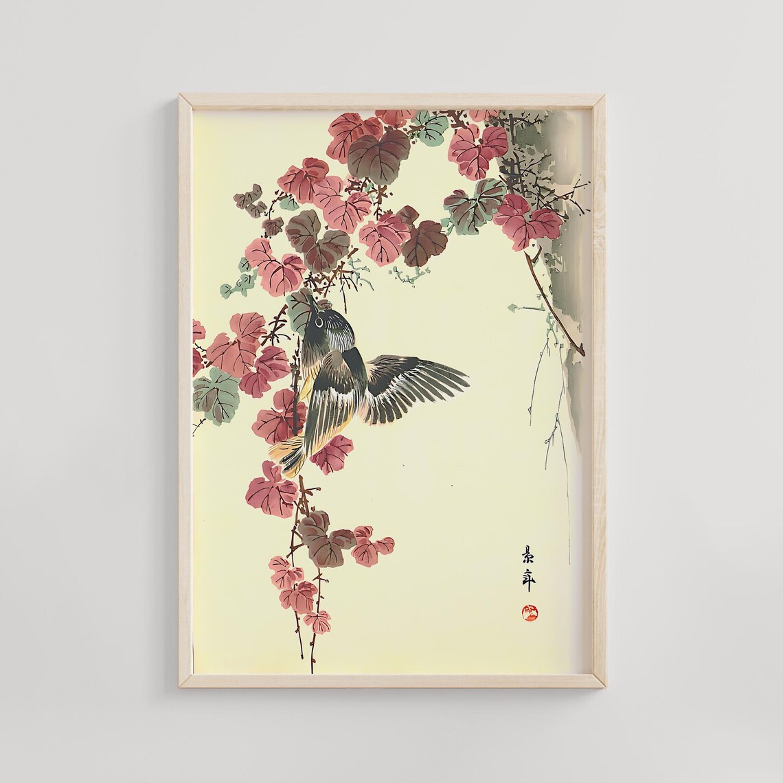 Songbird on Red Autumn Vine Kono Bairei Japanese Bird Flower Poster