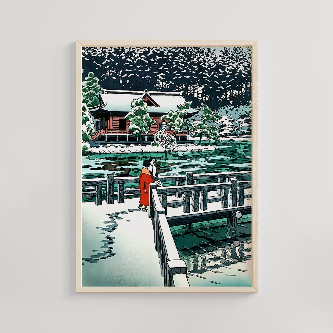 Woman in Red Kimono Snowy Bridge Lakeside Winter Shrine Poster