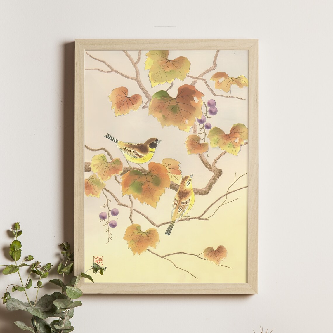 Finches on Autumn Grapevine Shizuo Ashikaga Japanese Kacho Poster