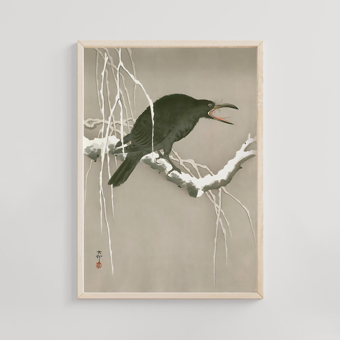 Screaming Crow on Snowy Branch Japanese Bird Woodblock Poster