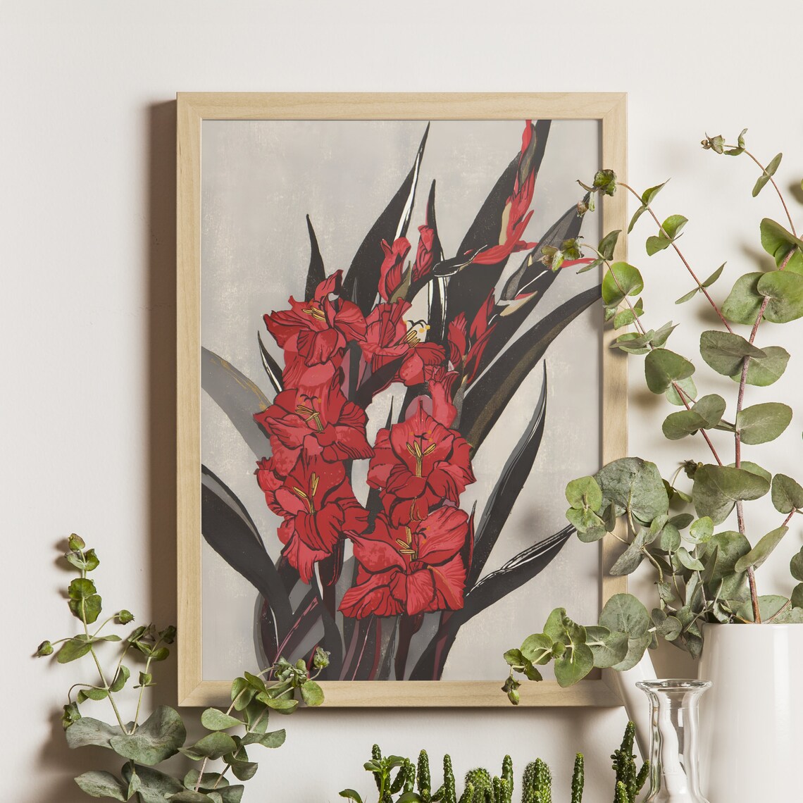 Red Gladiolas Kiyomi Moji Japanese Floral Woodblock Art Poster
