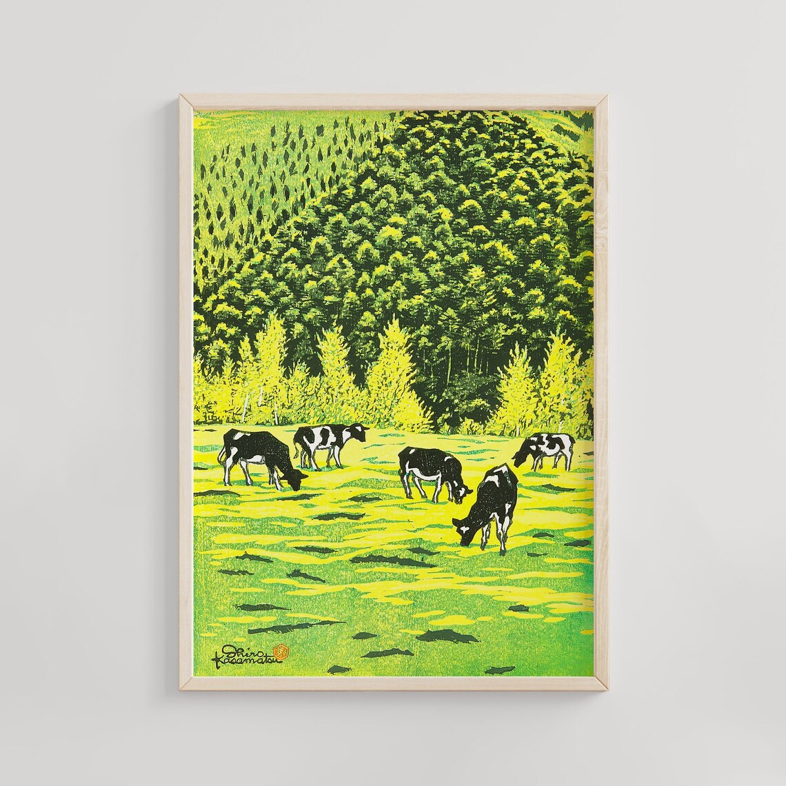 Shiro Kasamatsu Cows Grazing In Green Pasture Vintage Poster Art