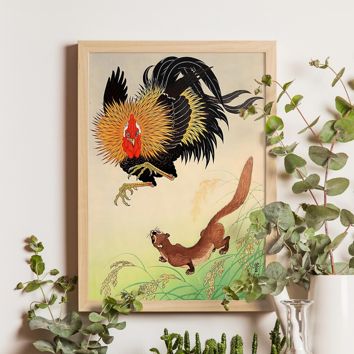 Rooster And Weasel Ohara Koson C 1930s Japanese Woodblock Print Kachoe Animal Art Shin Hanga Wildlife Nature Poster