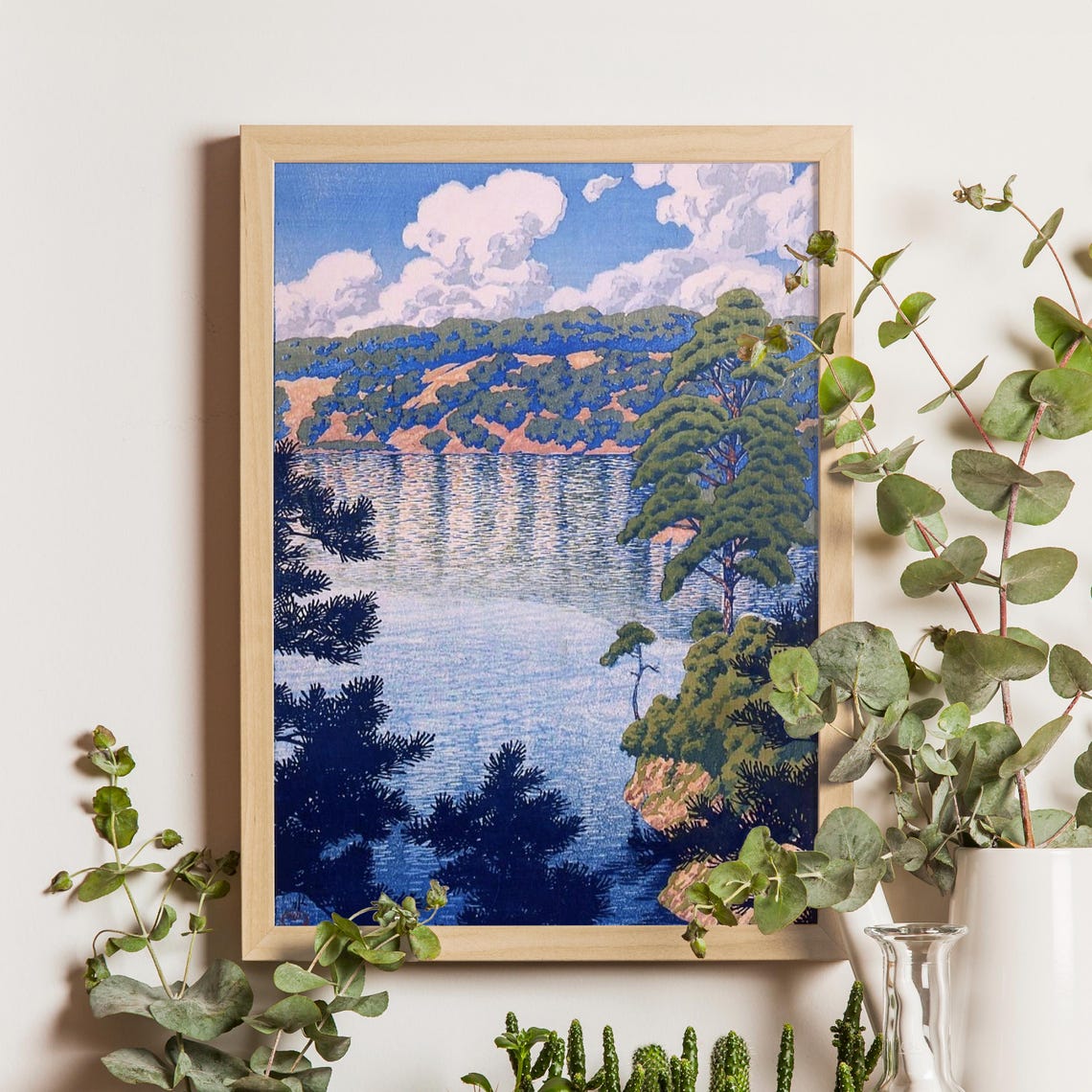 Still Mountain Lake Under Billowing Clouds and Pine Trees Print