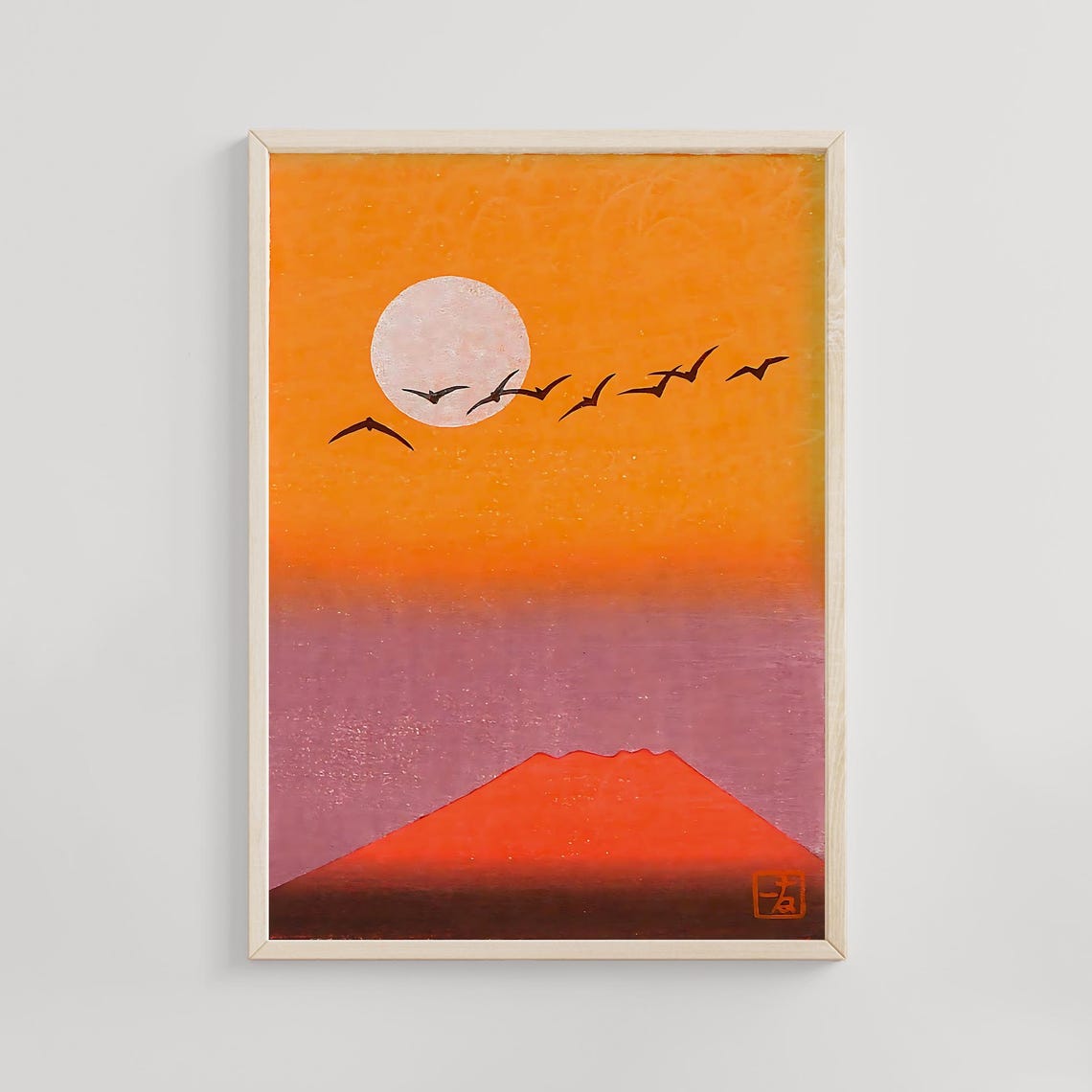 Red Mount Fuji at Sunset with Moon and Birds Woodblock Poster