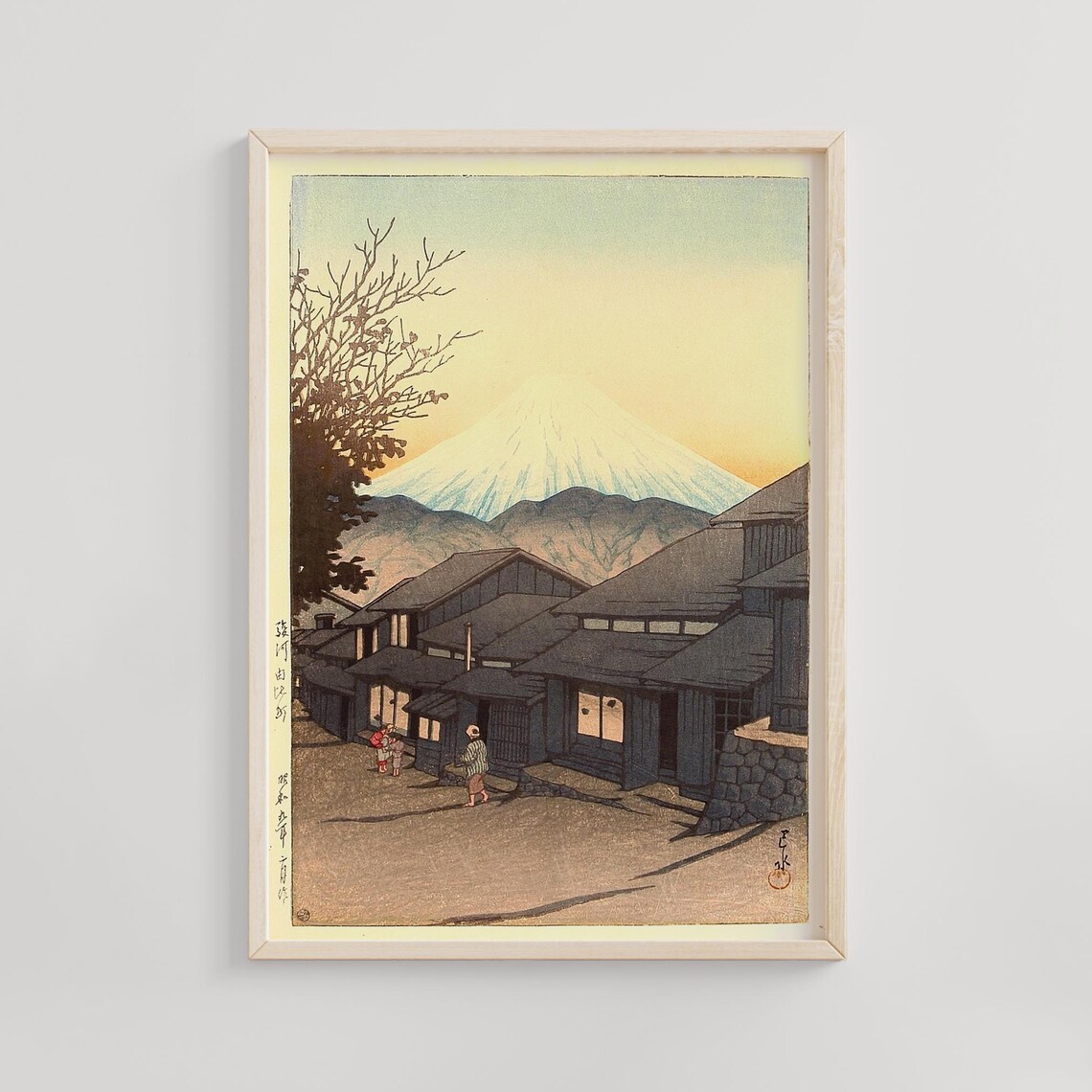 Mount Fuji Glowing Over Dark Village Rooftops at Dusk Poster