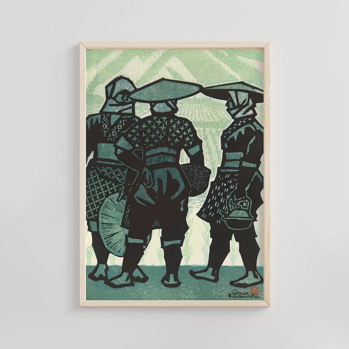 Rice Planting Women Kasamatsu Shiro Teal Field Woodblock Poster