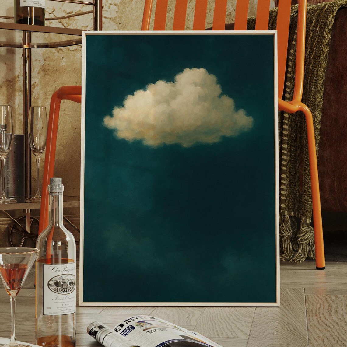 Cream Cloud on Moody Teal Sky Minimalist Dreamy Gallery Art Poster