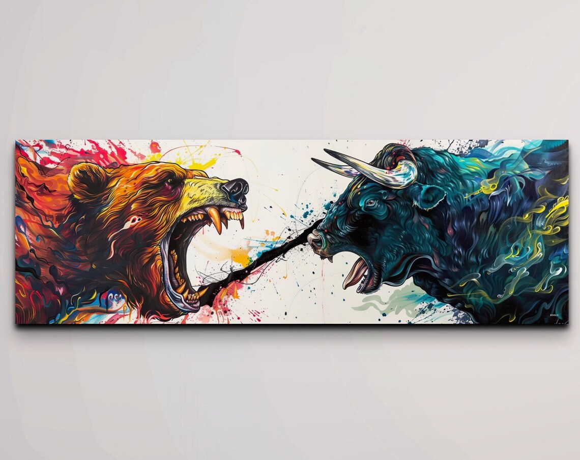 Roaring Bull And Bear Face Off Abstract Stock Market Splash Art Poster
