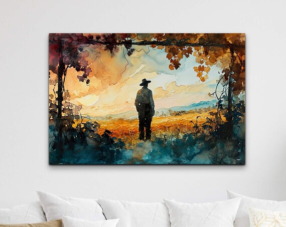 Tuscan Vineyard Sunset Watercolor Lone Figure Landscape Wall Art
