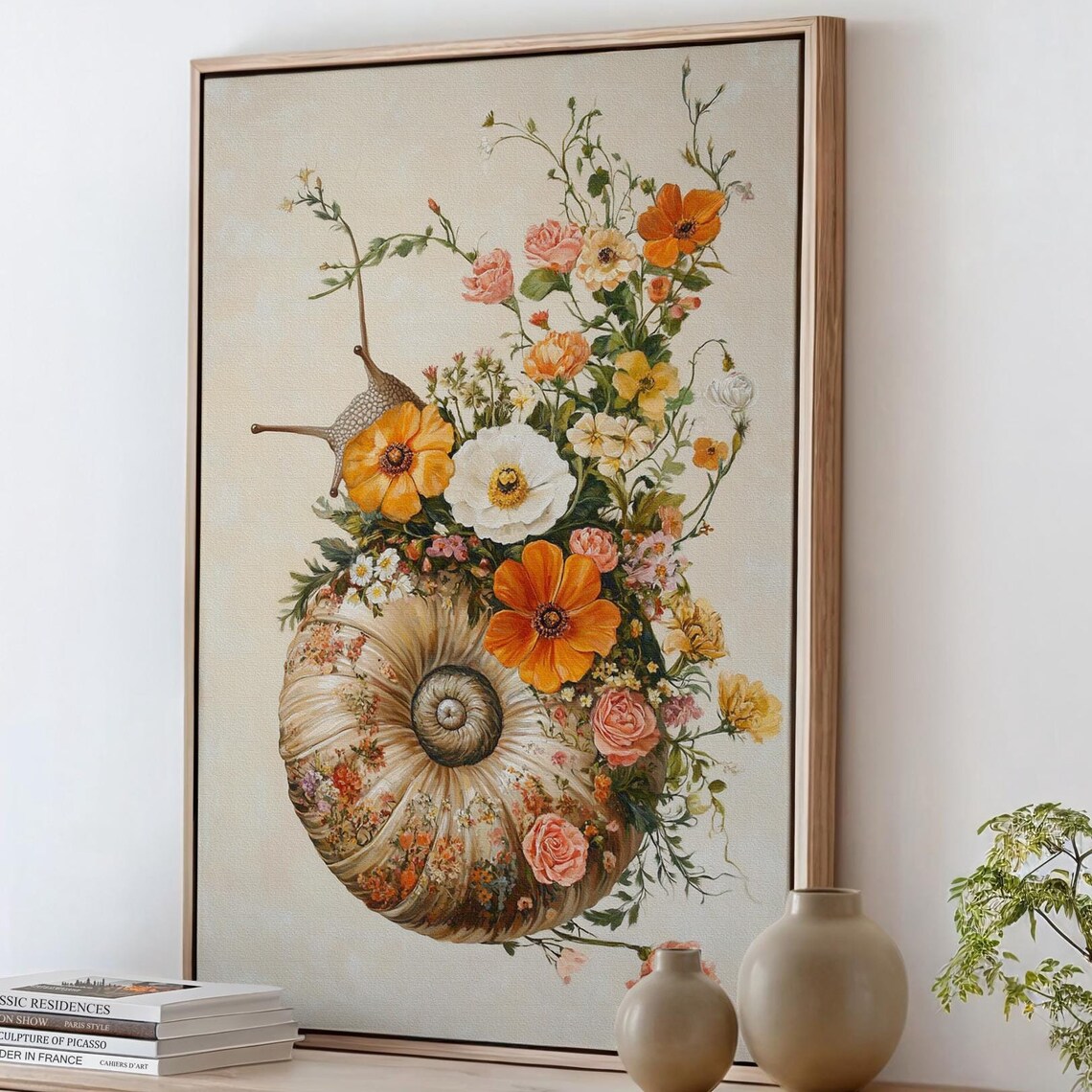 Floral Snail Shell Art Print, Whimsical Botanical