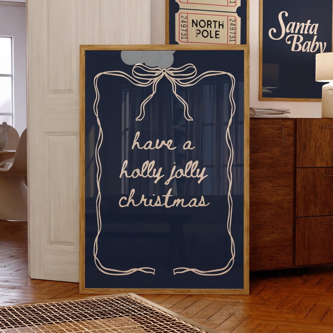 Have a Holly Jolly Christmas Navy Blue Coquette Bow Typography Poster