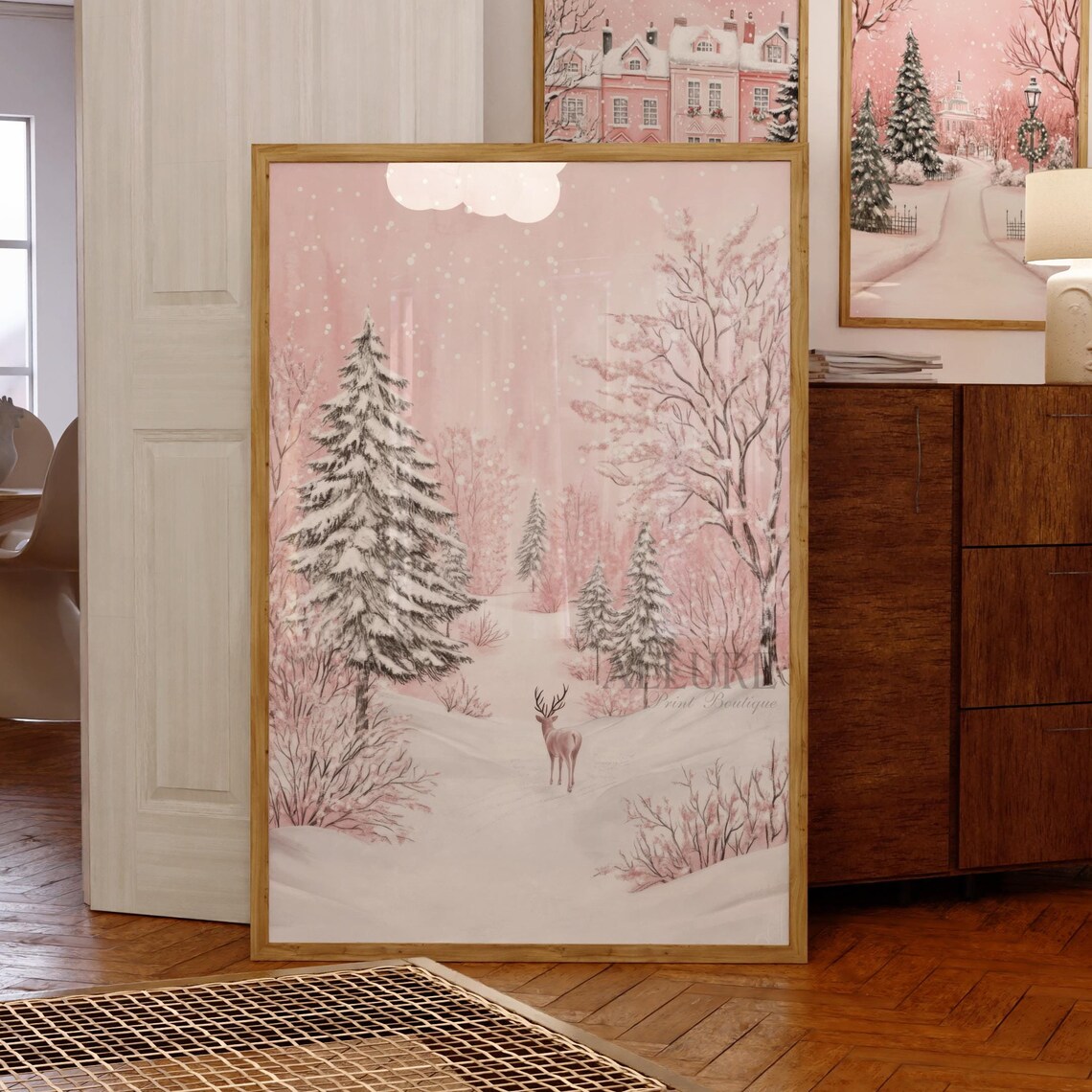 Pink Winter Forest Print, Snowy Christmas Trees - Image 4