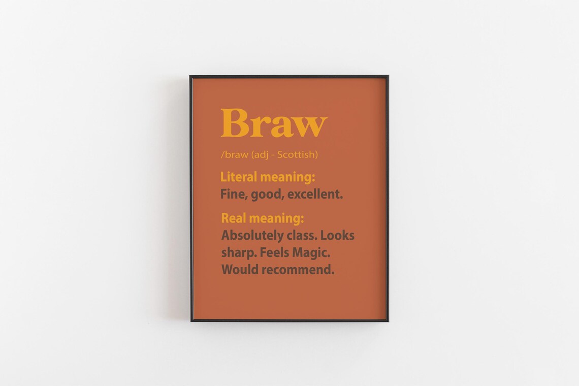 Braw Scottish Slang Definition Poster, Bold Typography