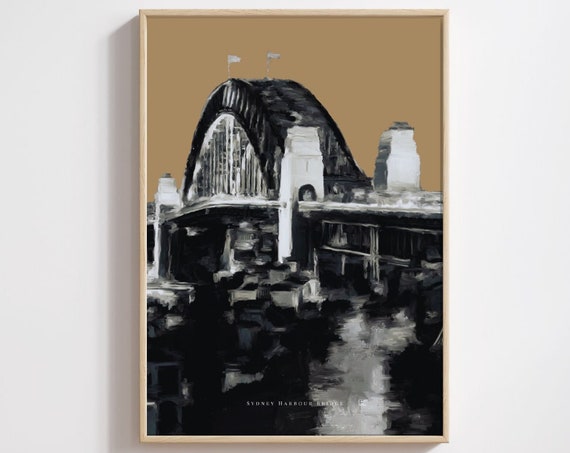 Sydney Harbour Bridge Monochrome With Coloured Background Art Print Sydney Iconic Landmark Poster Oil Paint Style In Black White Art
