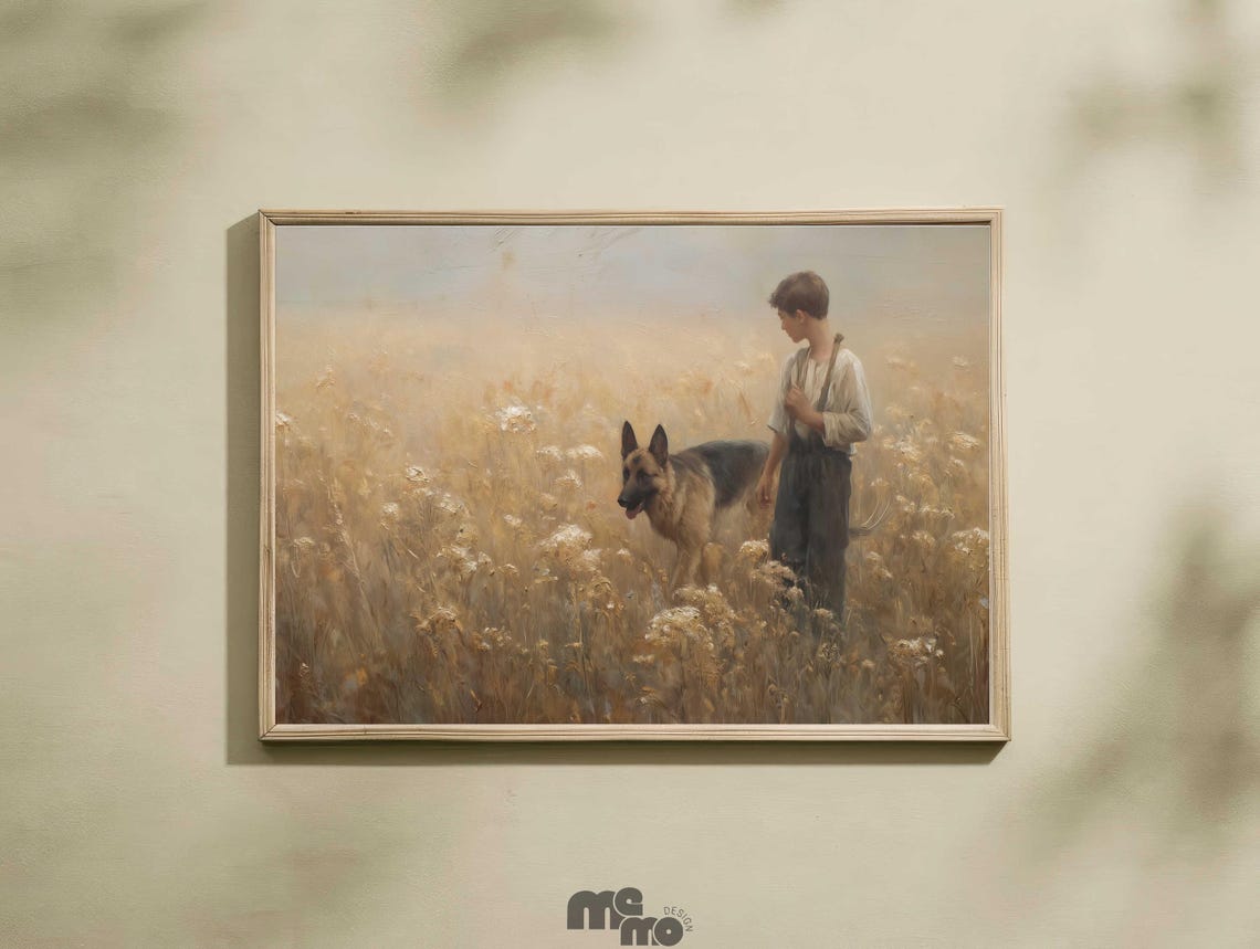 Boy And His German Shepherd Golden Wheat Field Rustic Art Print