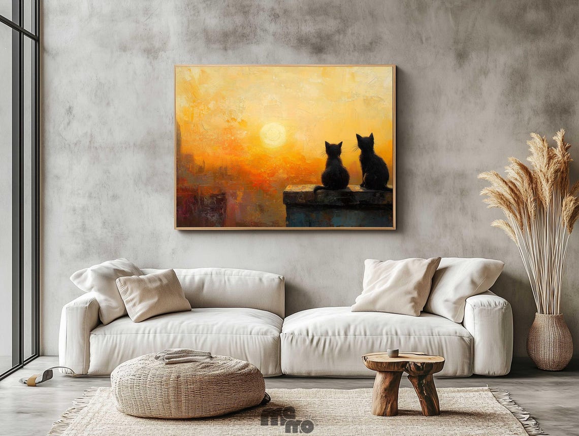 Two Black Cats Watching Sunset, Minimalist Art Print - Image 2