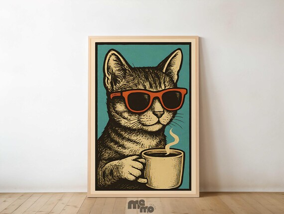 Funny Cat Drinking Coffee, Vintage Cat Art