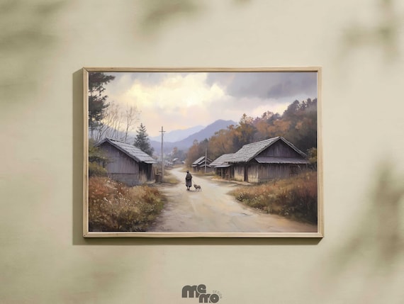 Japanese Village Dog Poster Autumn Path Rustic Countryside Art