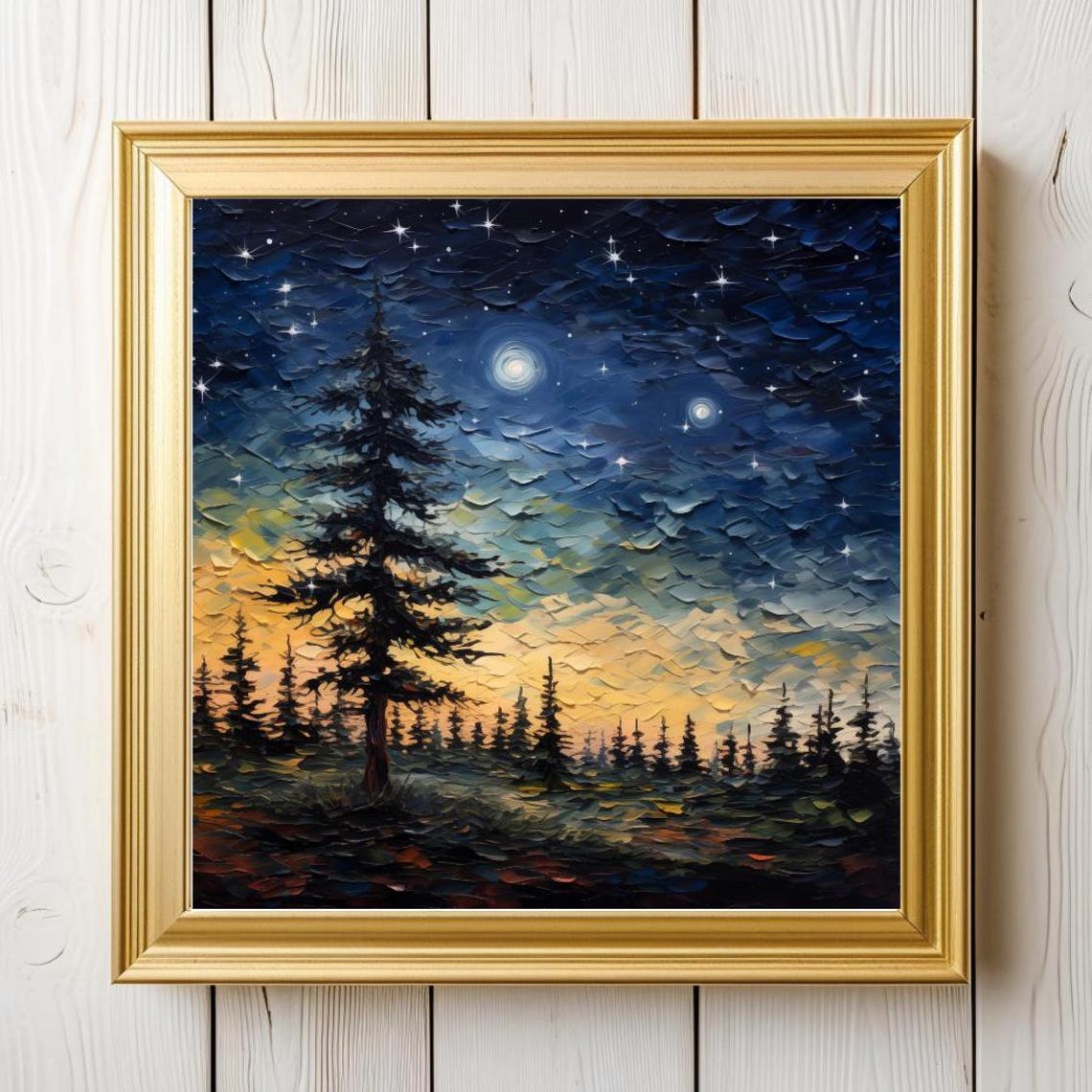 Square Night Sky Forest Print Starry Night Sky Painting Evening Pine Tree Wall Art Rustic Cabin Decor Mountain Rental Artwork