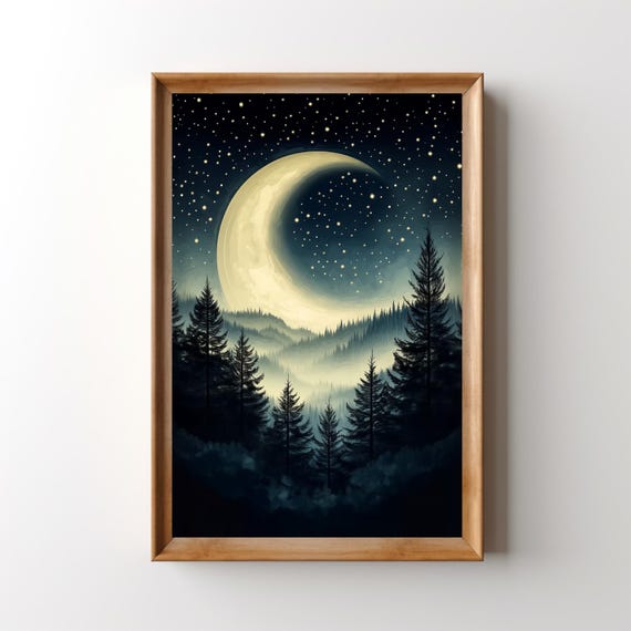 Crescent Moon Starry Night Sky Painting Surreal Misty Mountain Forest Print Celestial Moody Dark Academia Moon And Stars Wall Art