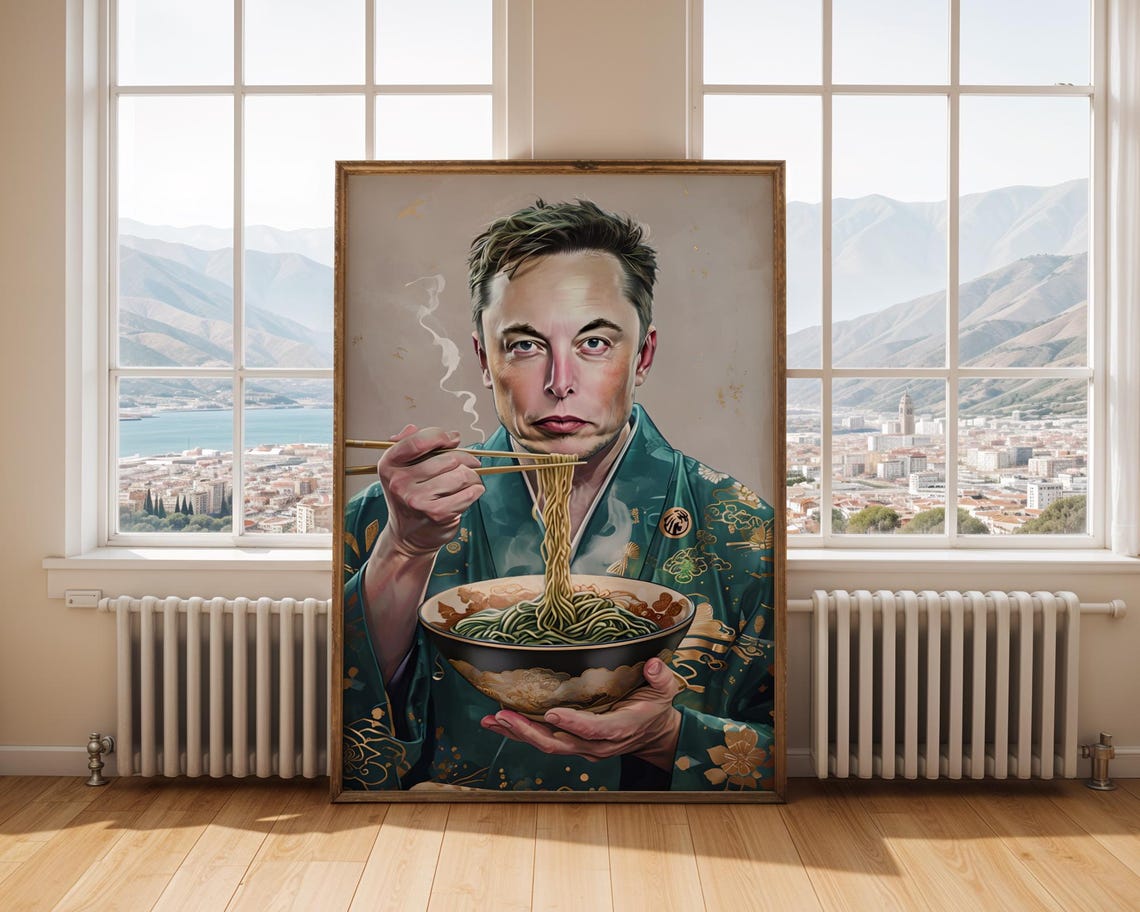 Elon Musk Ramen Bowl Portrait Green Kimono Funny Tech Art Poster
