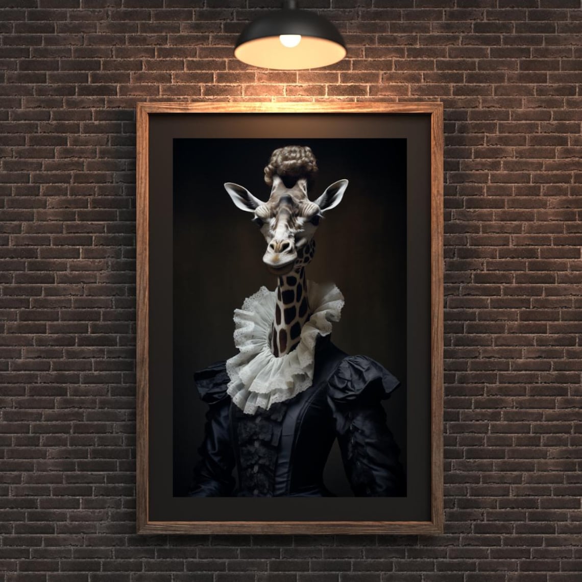 Giraffe in Black Victorian Dress Gothic Portrait Print