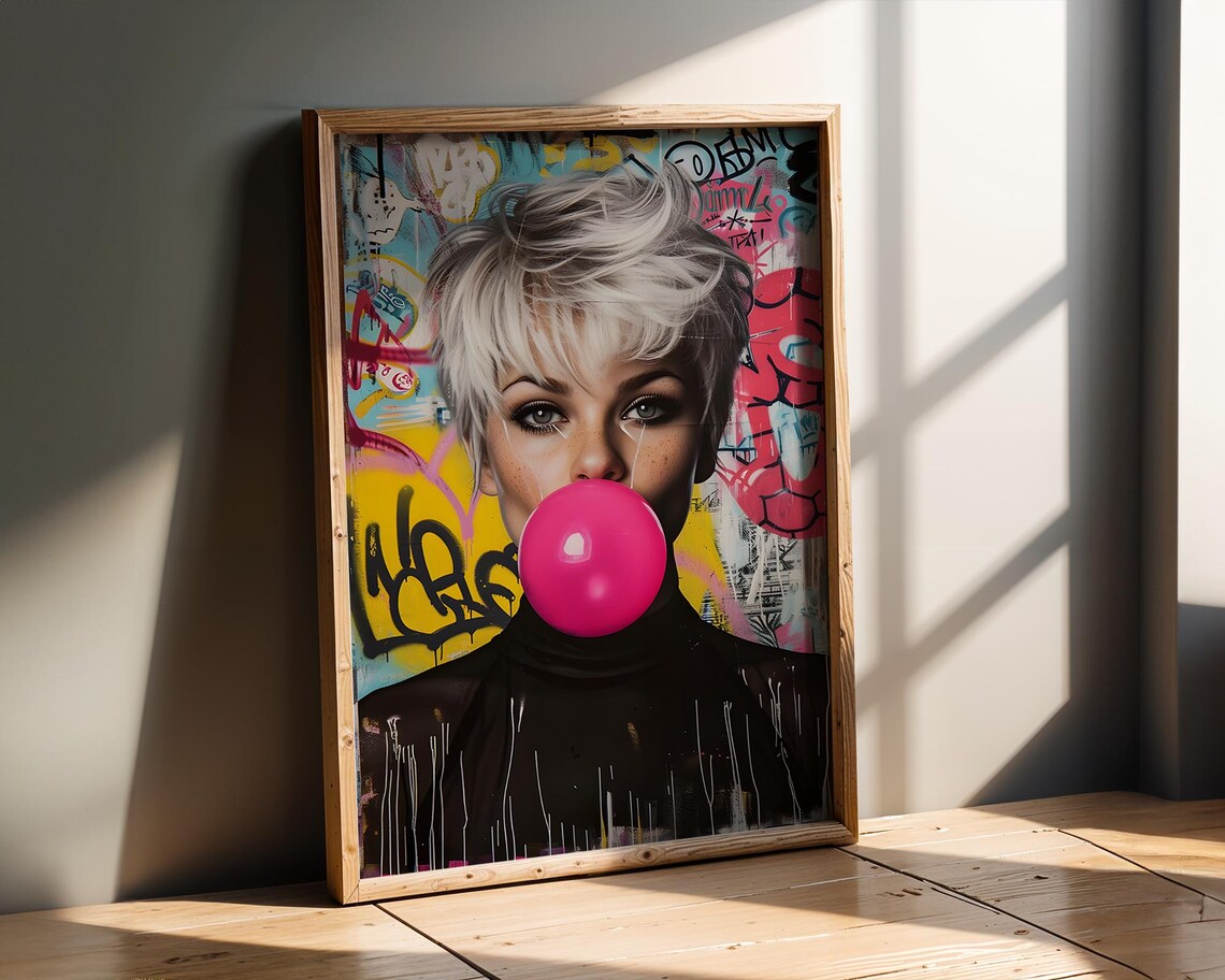 Modern Pop Art Blonde Woman Bubblegum Graffiti Street Poster