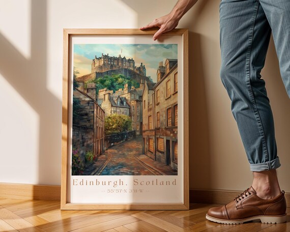 Edinburgh Scotland Castle Cobbled Street Vintage Travel Poster